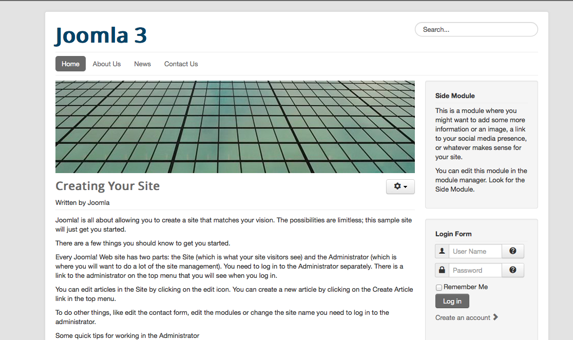 Having site name. Sample. Joomla каталог. About Side. Search Side.